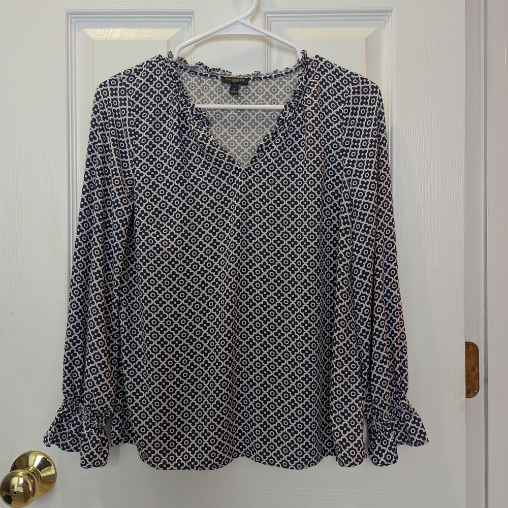 Talbots Blue and White Ruffled Bell Sleeve Blouse